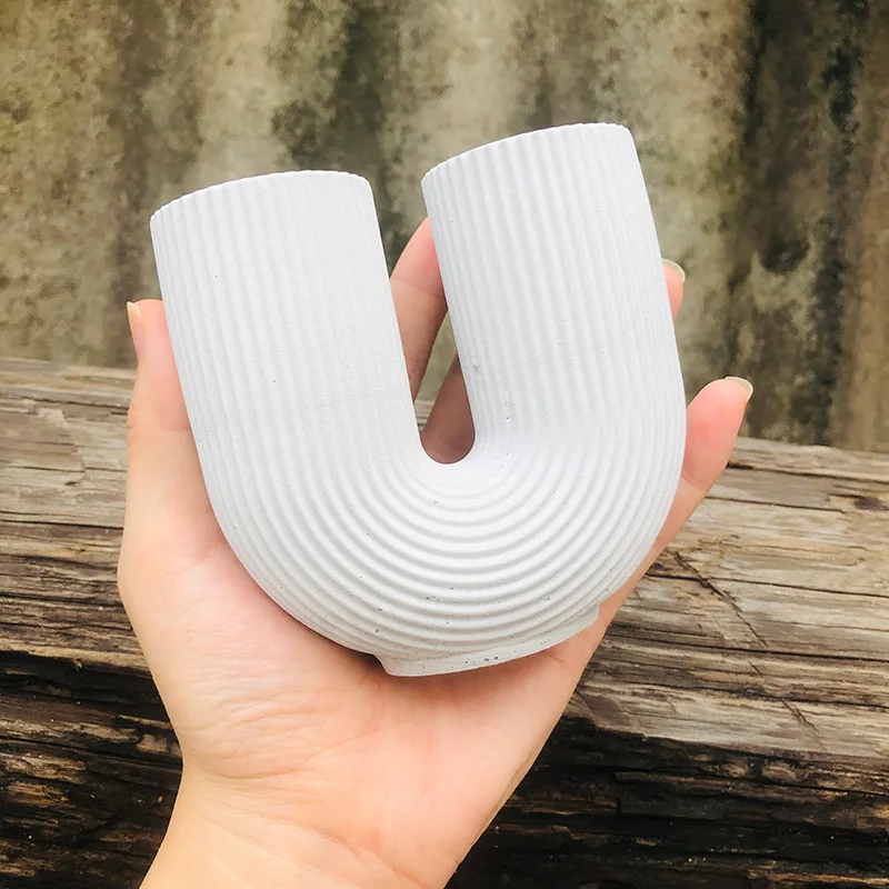 Stripe Concrete Candle Holder Silicone Mold U-shaped Cement Vase Mould Handmade Cement Home Decor Nordic Style