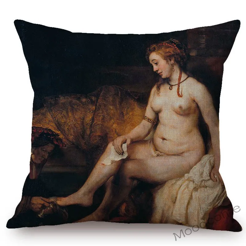 Home Decorative World Famous Oil Painting Throw Pillow Case Dutch Artist Rembrandt The Night Watch  Storm Linen Cuchion Cover