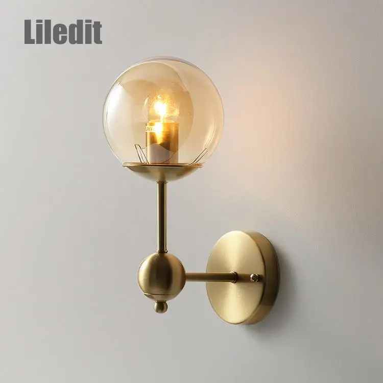 

Modern Bedside Wall Sconce Lights Fixture Luminaire Hallway Aisel Wall Lamps Amber Glass Ball Luxury Golden Copper Hotel Decor