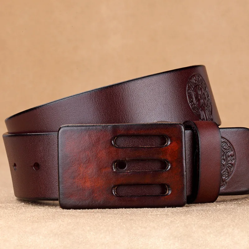 (Ta-weo) Men Retro Genuine Leather Belts, Smooth Buckle Cowhide Business Belt High Quality, Pure Copper Buckle