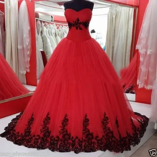 Vintage Zwart En Rood Trouwjurk Sweetheart Hals Gothic Kleurrijke Bruidsjurken Aan Te Passen