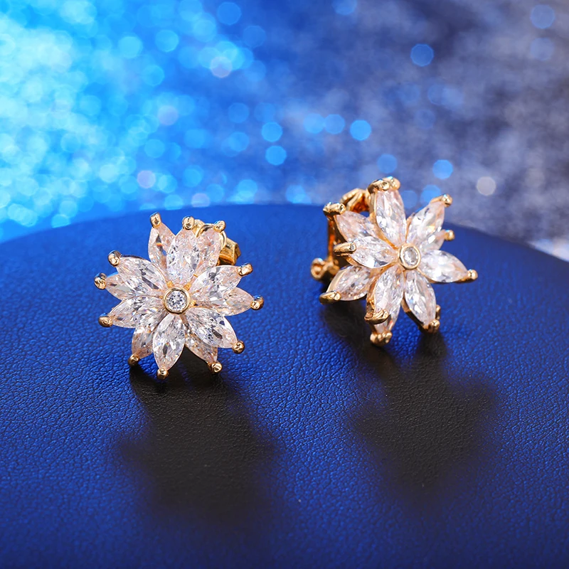 Trendy Luxury Cubic Zircon Crystal Sun Flowers Clip On Earrings Without Piercing for Women Wedding Party Brincos oorbellen 2023