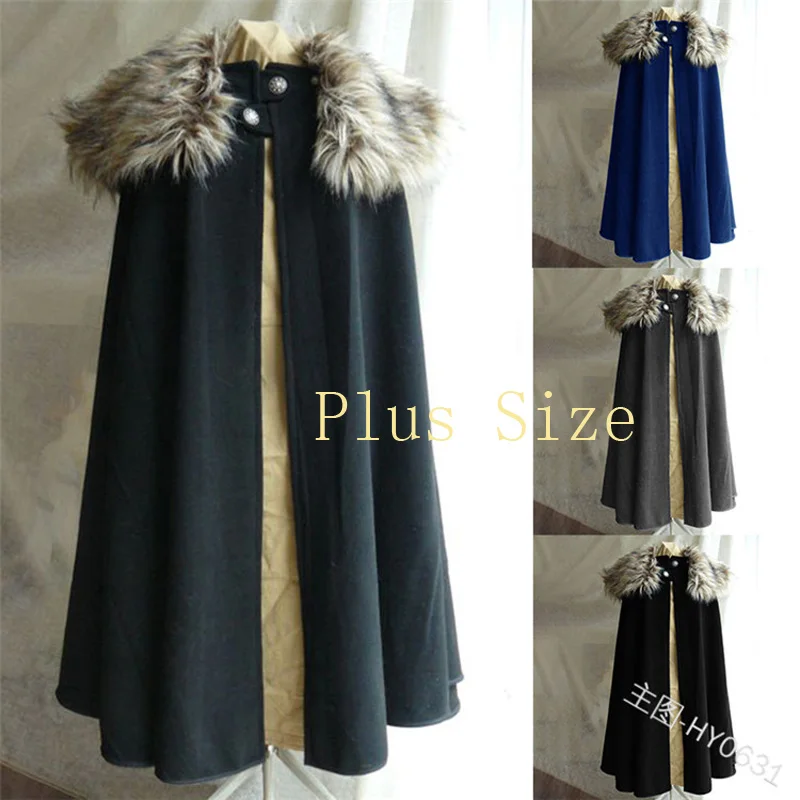 

Halloween Adult Medieval Cloak Costumes Winter Wool Cloak With Fur Collar Renaissance Norse Pirate Cape