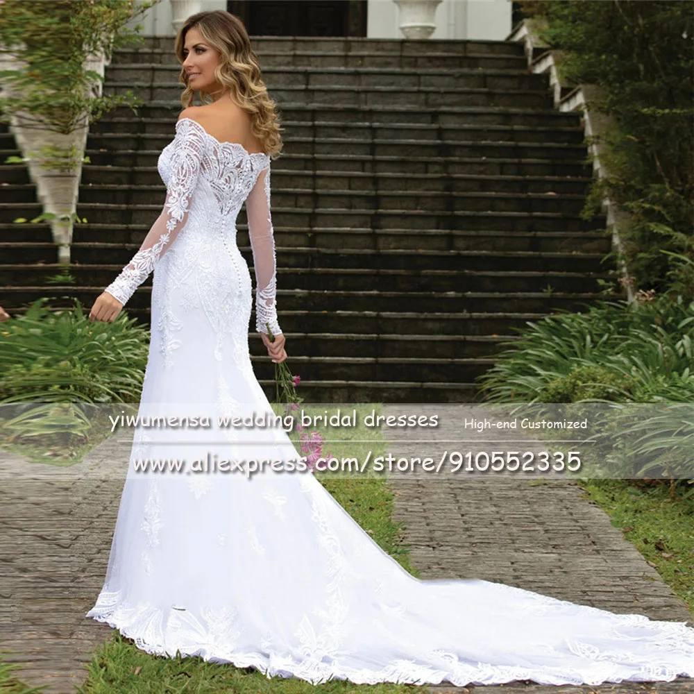 Abito Da Sposa Appliques Del Merletto di Lusso Della Sirena Abiti Da Sposa 2020 Lungo Maniche Al Largo Della Spalla Abito Da Sposa Robe De Matrimonio