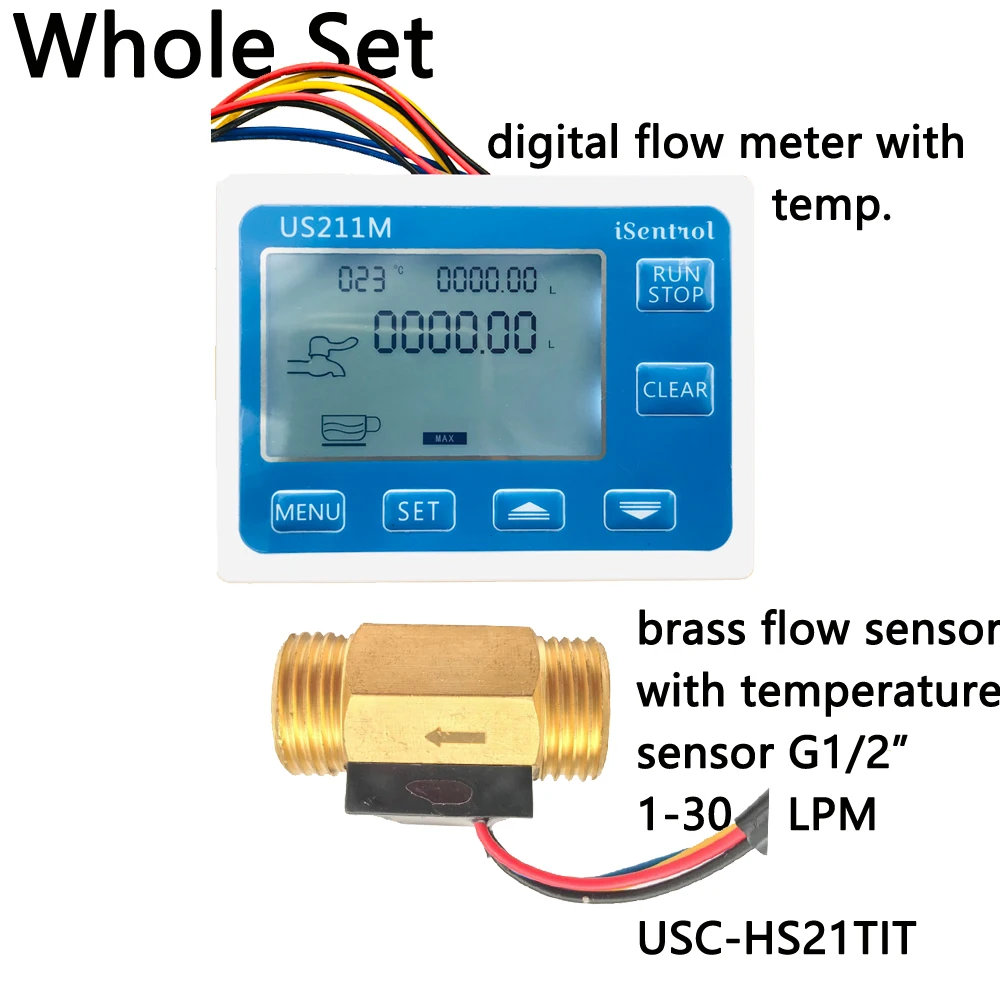 

US211M Water Flow Meter and USC-HS21TIT Hall Water Flow Sensor Brass 1-30L/min DC 24V Turbine Flowmeter with NTC50K Temperature