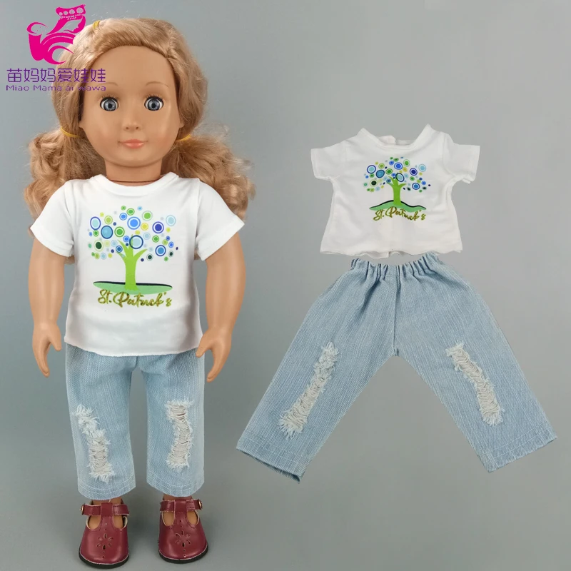 Pasgeboren 40 Cm Babypop T-shirt Ripped Jeans 18 Inch Amerikaanse Og Meisje Pop Kleding Broek