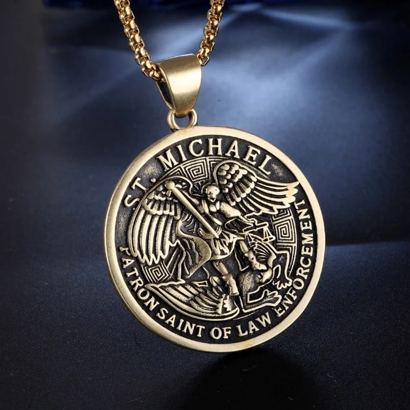 Archangel Saint Michael Round Medal Pendant Mythical Charm Men's Amulet Necklace