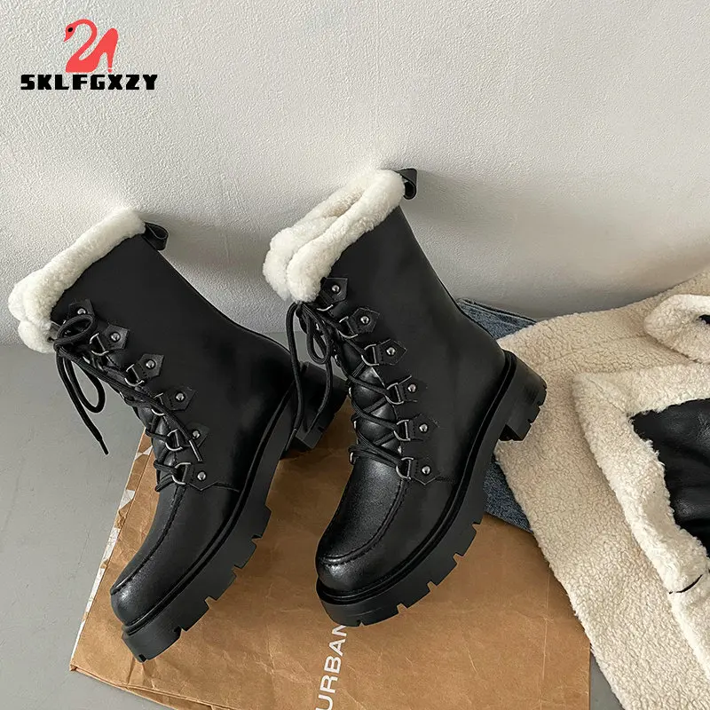 

Winter Hot Sale 100% Wool Shoes Women Snow Boots Lace Up Warm Thick Bottom Natural Genuine Leather Women Boots