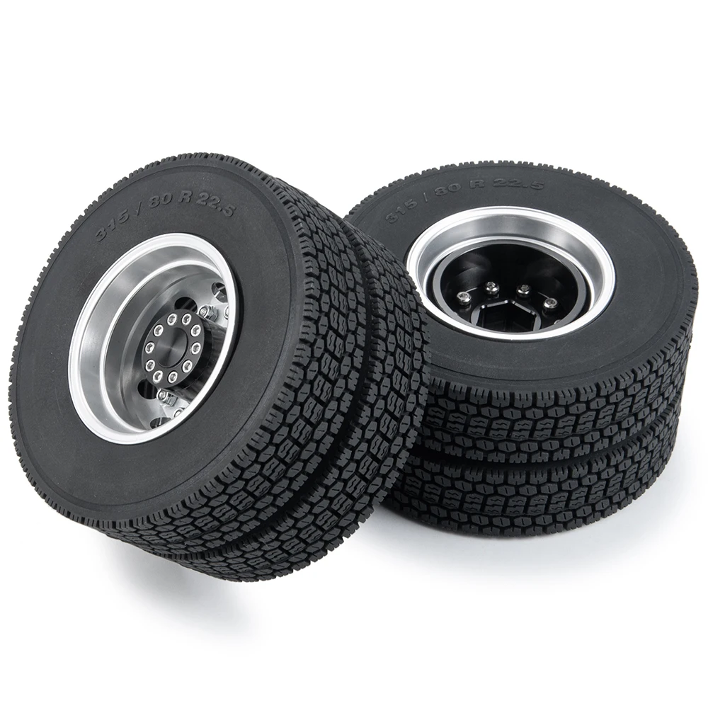 TRINOOD 4PCS Tamiya Rear Wheel Rim Hub and Rubber Tires Kit for 1/14th RC Car Tractor Truck Trailer Cargo Truck Wheels Parts