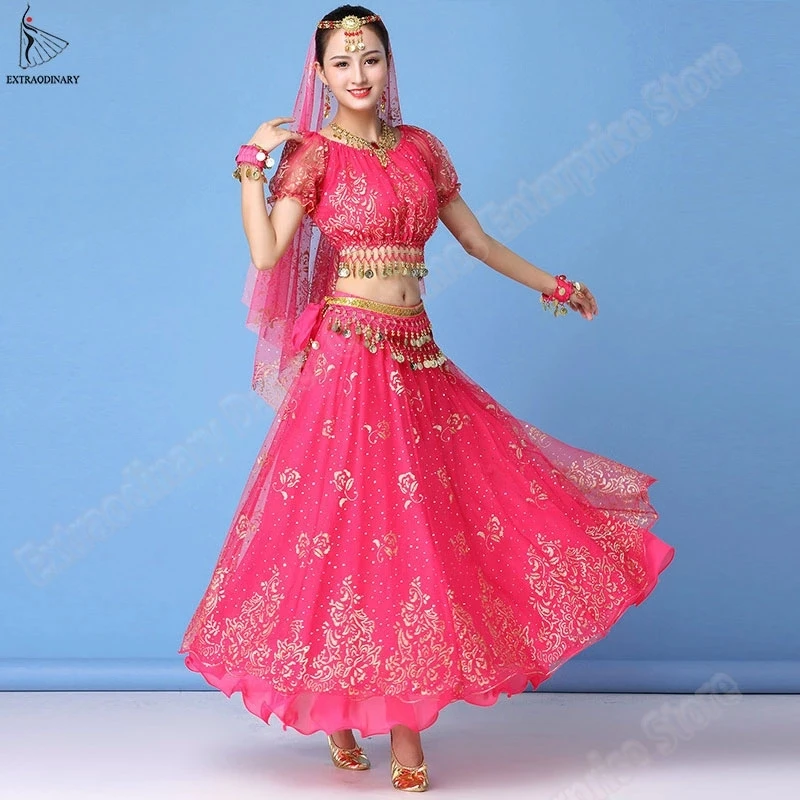 Bollywood Dress Costume Set Indian Sari Women Belly Dance Performance Clothes Chiffon Top+Belt+Skirt Outfit