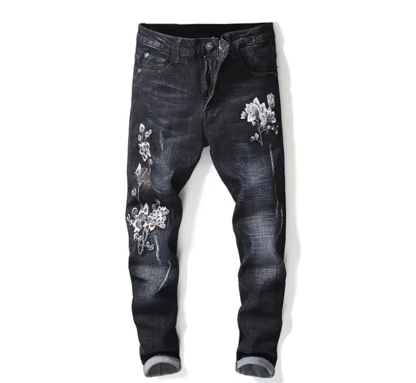 And Embroidered Flower Bird Black Men's Jeans Men Slim Fit Denim Casual Pants 29-38 #15001