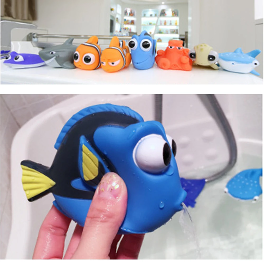 Crianças brinquedos de banho encontrando nemo dory flutuador spray água squeeze brinquedos de borracha macia banheiro jogar animais crianças chuveiro brinquedo palhaço