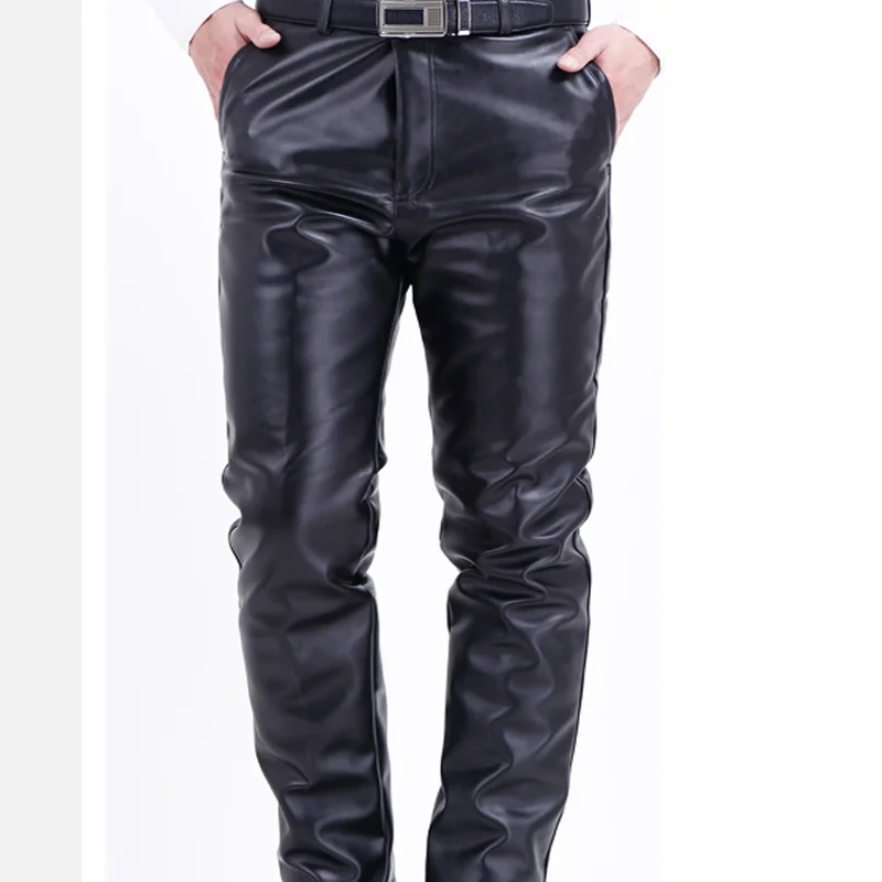 Men's PU Leather Straight Pants Winter Warm Elastic Lightweight Casual Trousers Male Regular Full Length Pants