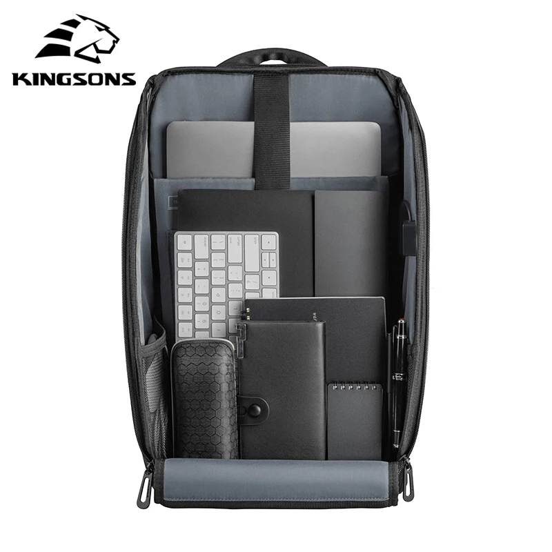 Mochila Kingsons para hombre, compatible con portátil de 15 pulgadas con recarga USB mejorada, Mochila impermeable antirrobo de viaje multifuncional