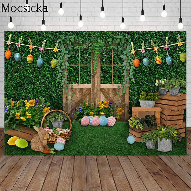 

Mocsicka Spring Easter Photography Backdrop Bunny Green Lawn Children Birthday Photo Background Rabbit Eggs Decorative Photocall