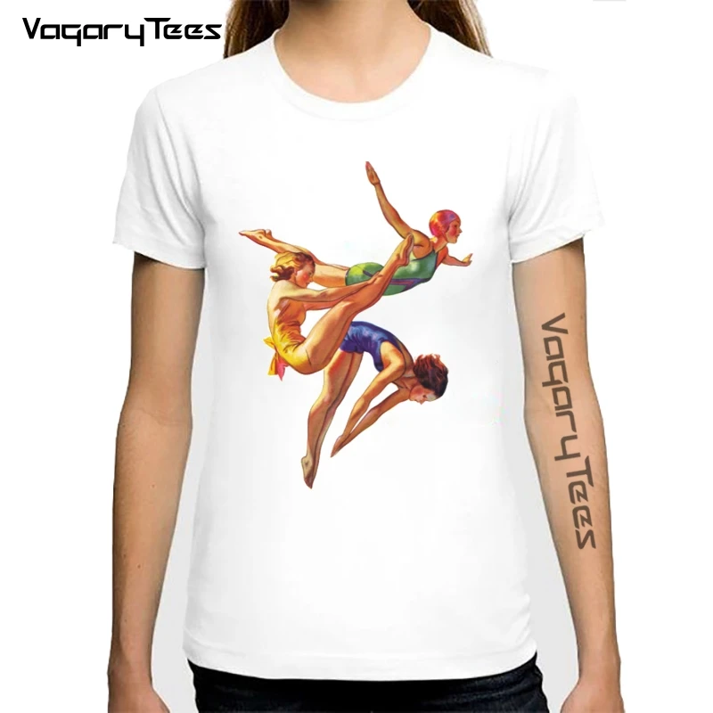 Vagarytees 2022 Summer Creative Tshirt Retro Vintage Sports Diving WOMEN Diving Art Print Tee Female Fashion Tshirt