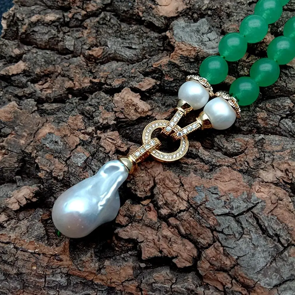 YYGEM 14x24mm white keshi Pearl Pendant 10mm Natural Green round jade Necklace view 5