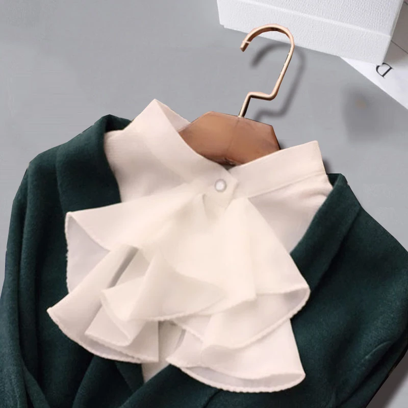 White Chiffon False Collar Shirts Woman Front Ruffle Fake Collar Detachable Collars For Women Sweater Nep Kraagje Half Shirt