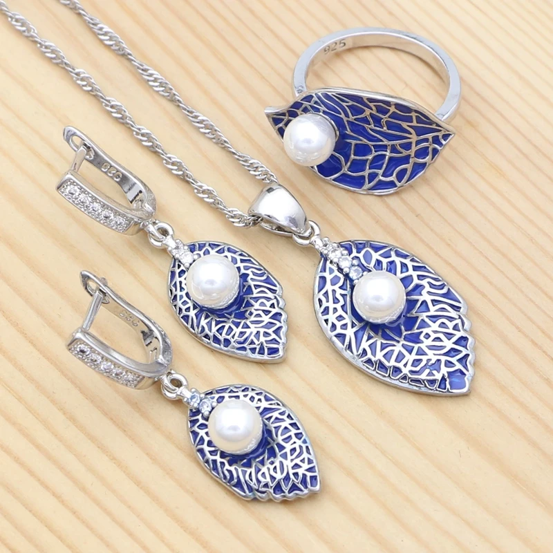 

Jewelry Set for Women Blue Enamel Freshwater Pearl 925 Silver Earrings Ring Pendant Necklace Gifts for Girlfriend