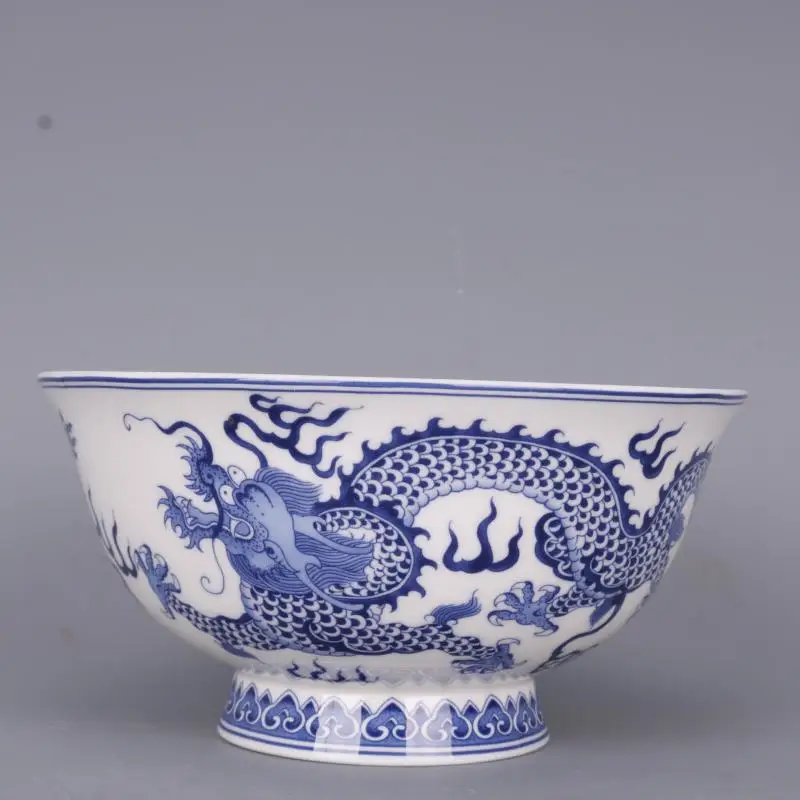 6.1 inch Chinese Style Blue and White Porcelain Two Dragons Design Bowl Crafts Home Decoration Ornaments