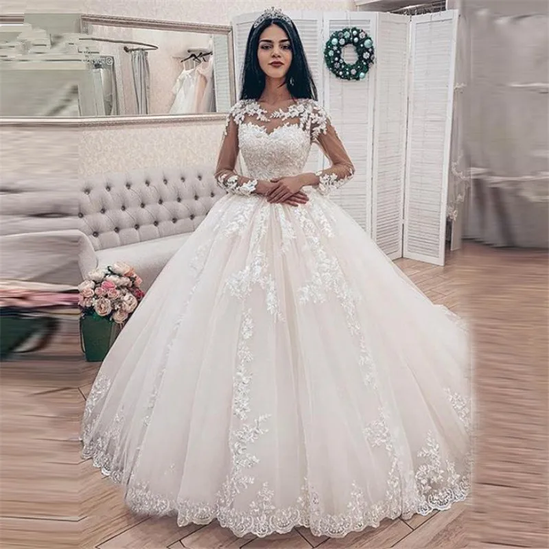 

Elegant Lace Appliques Long Sleeves Ball Gown Wedding Dresses Bridal Gown vestido De Noiva 2021 Sweep Train robe de mariee