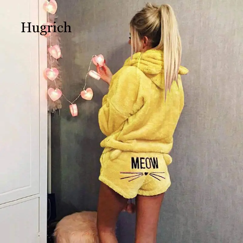 Women Pajama Sets Autumn Winter Flannel Cartoon Warm Pyjamas Animal Sleepwear Cat Cute Female Fashion Girls Homewear