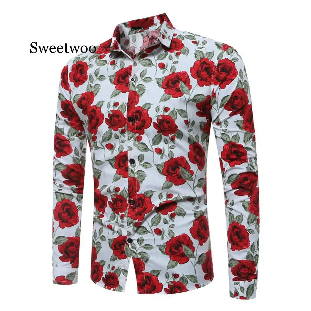 Men's Long Sleeve Casual Shirts Fashion Rose Flower 3D Print Floral Shirt Turn-down Collar Slim Fit Shirt Mens Clothing