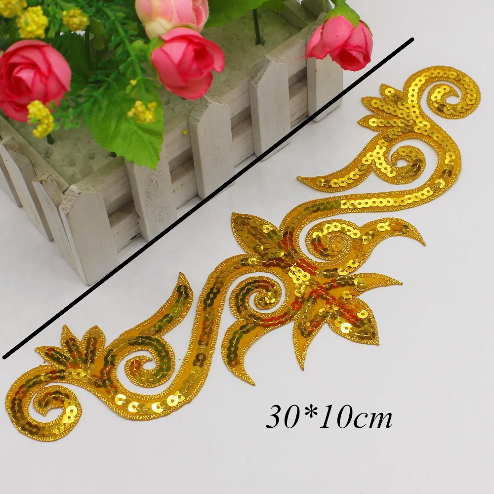 1 Piece Sequined Flower Appliques Iron On Gold Embroidery Patches Cosplay Trims Hair Accessory 30*10cm