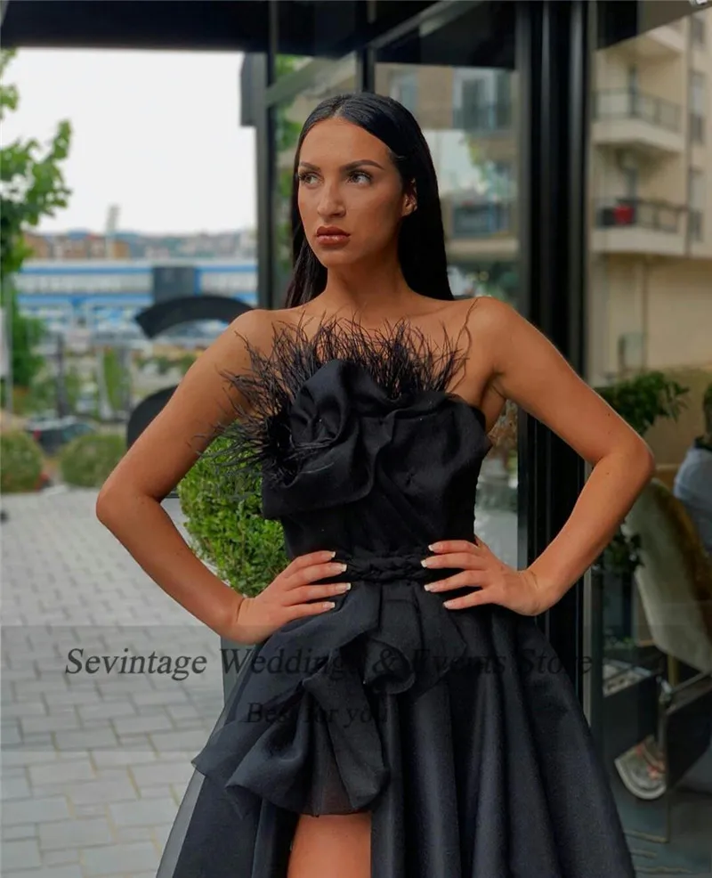 Sevintage Schwarz Hohe Split Abendkleider 2020 Liebsten Feder Drapierte Satin Abendkleid Nach Maß Formales Partei Kleider