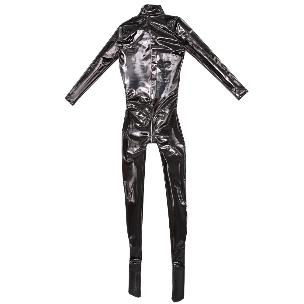 Body completo brillante de PVC para mujer, mono de imitación de látex, aspecto húmedo, Catsuit con cremallera, entrepierna abierta, mono Bodycon, leotardo de una pieza