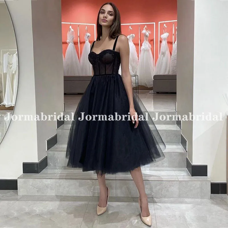 Ilusión negro corto vestidos corazón para reunión de ex alumnos espaguetis correas tul suave Formal vestido de fiesta de té longitud vestido vestidos