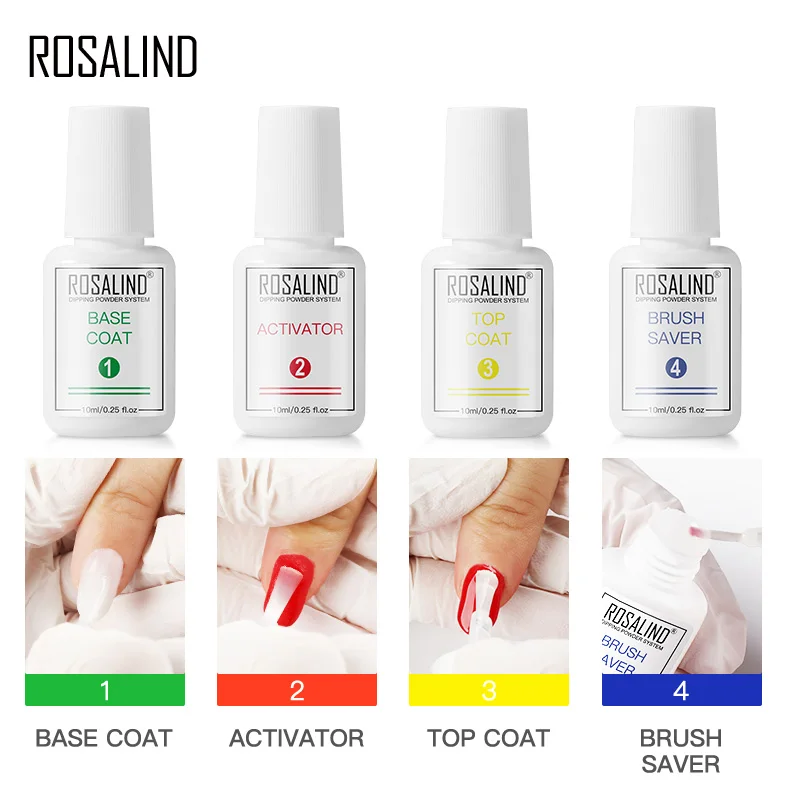 Rosalind Dompelen Nail Poeder Systeem Kit Vloeibare Base Top Coat Activator Clear Nail Art Natuurlijke Droog Zonder Lamp Cure