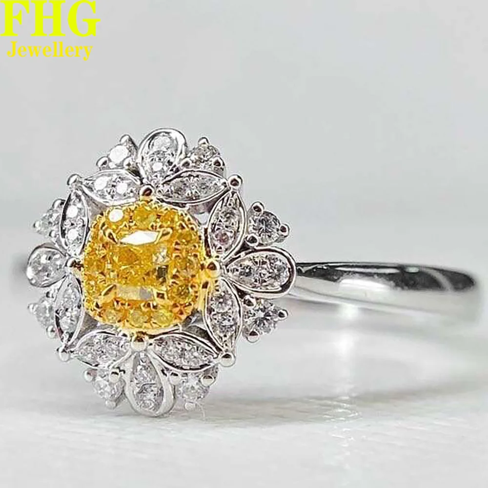 

18K Au750 White Gold Ring 0.26 Carat Nature Diamond Yellow diamond flower ring Wedding Party Engagement Anniversary Ring