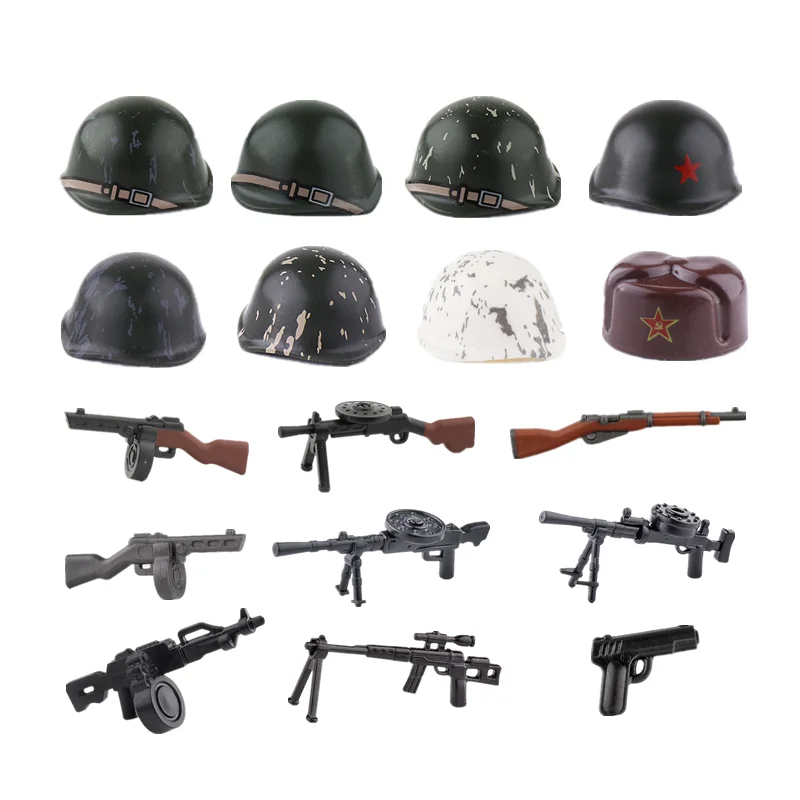 WWII Soviet Army Helmets Guns Building Blocks Soldier Figures Military Weapon Accessories SSH40 Hats Mosin BOBOSHA Gun Toys C266