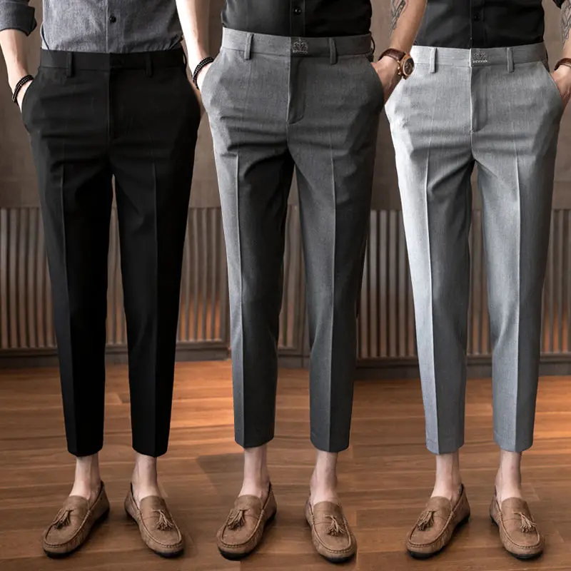 Casual Trousers Men's Dress Pants Thin Slim Fit Fashion Formal Business Office Work Male Suit Pants Pantalon Vestir Hombre