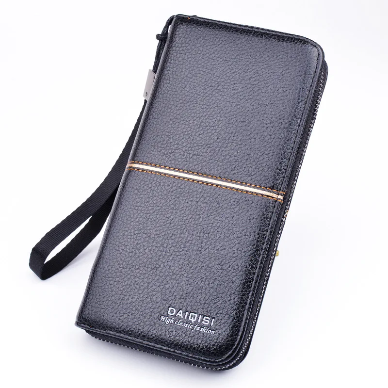 Men PU Leather Pattern Simple Long Style Fashion Large Capacity Zipper Wallet Hand Mobile Phone Bag Case with Lanyards