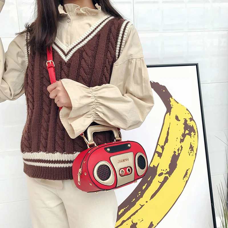 Vintage Radio Women Handbags Designer Chic Shoulder Bags Luxury Pu Leather Rock Female Crossbody Messenger Bag Personality Purse