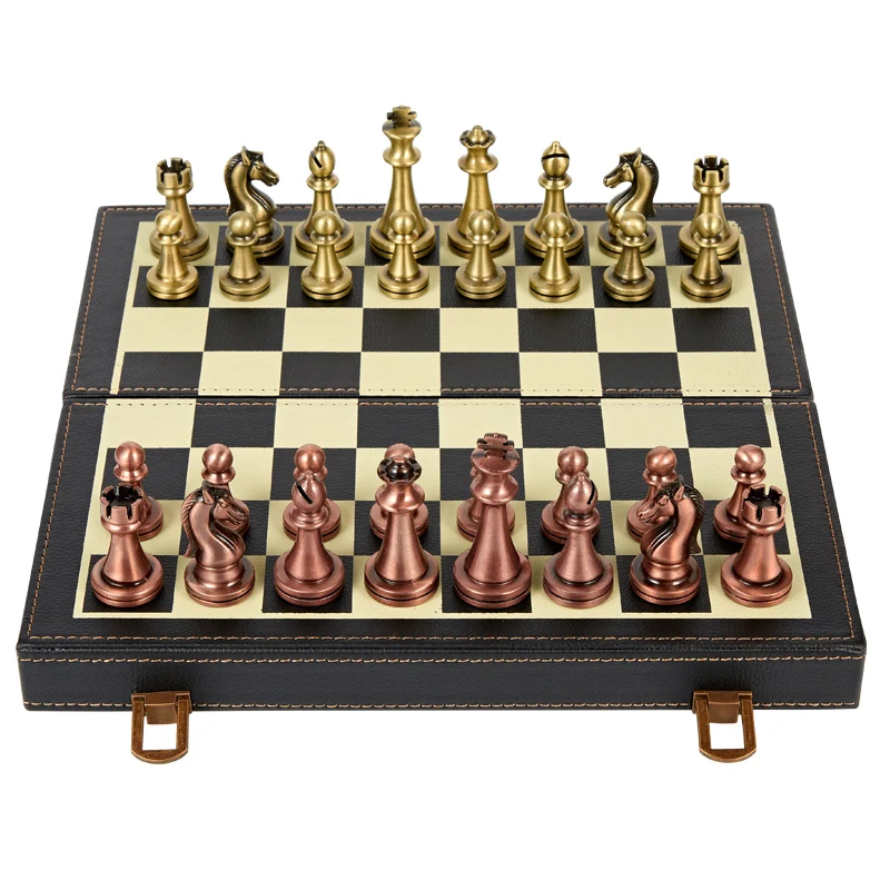 Vintage Metal Chess Luxury Leather Chess Board Foldable Board Games for Children Solid Bronze Chess Piece Creative Table Game