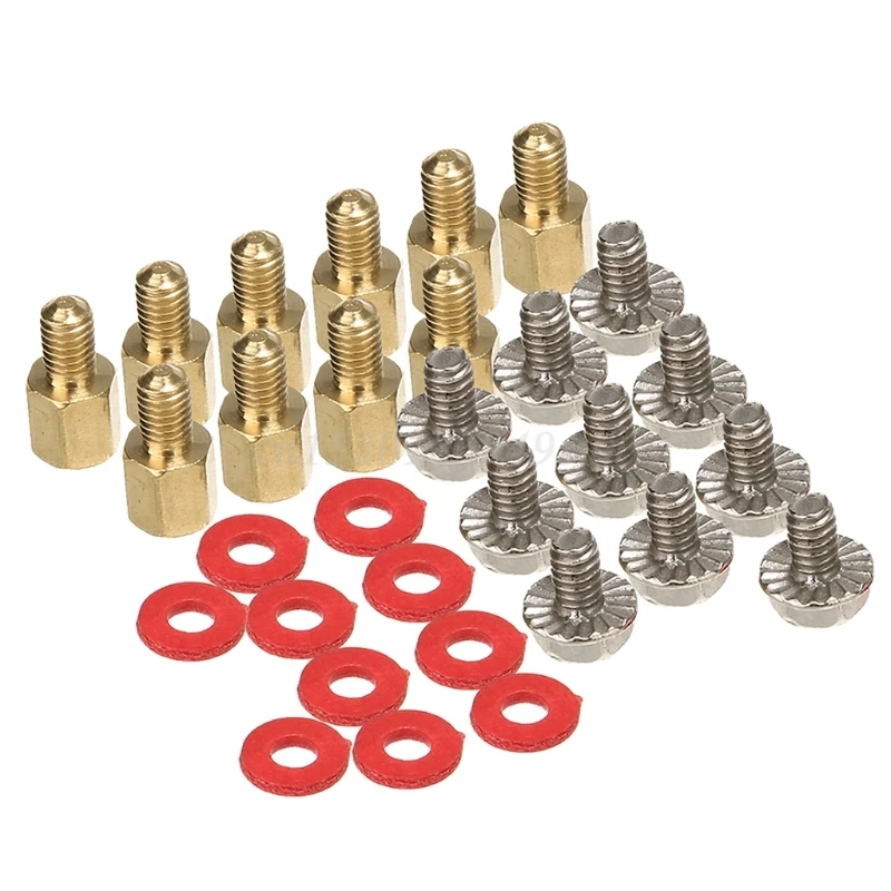 ( 20x Screw+20x Motherboard Riser +20x Washer) 6.5mm 6-32-M3 Computer Golden Motherboard Riser+Screws + Red Washers