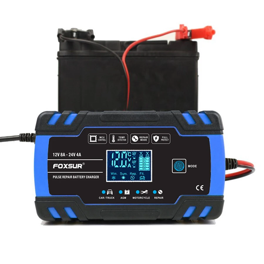 FOXSUR Truck Battery Charger Heavy Duty, 12V 8A 24V 4A Trickle Charger,Lead Acid AGM GEL WET Smart Battery Charger & Maintainer