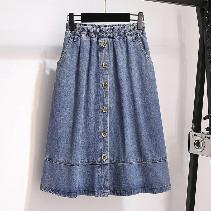 New 2021 Spring Autumn Plus Size Women Denim Midi Skirt For Women Large Casual Cotton A-line Blue Button Skirts 4XL 5XL 6XL 7XL