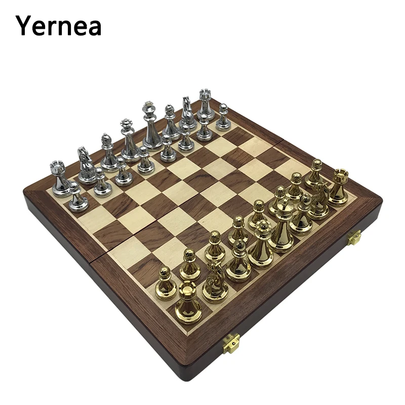 New Wooden Folding Chessboard Retro Metal Alloy Chess Pieces Chess Game Set High Quality Chessboard Gift Entertainment Yernea