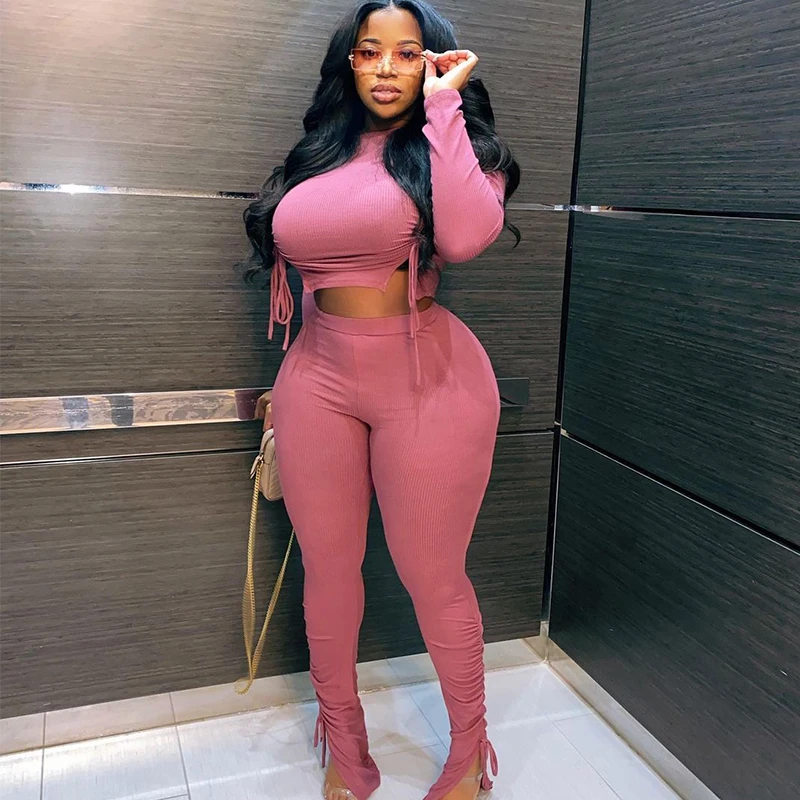 Sexy Plus Size kobiety odzież żebrowane z długim rękawem Crop topy i spodnie zestawy Bodycon panie 2 sztuka stroje hurtownie Dropshipping