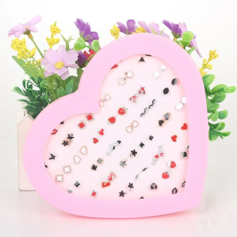 36Pairs Mix Mini Cryatal Flower Clay Earring Stud Set Fruit Cartoon Hypoallergenic Plastic Earrings For Child With Heart Box