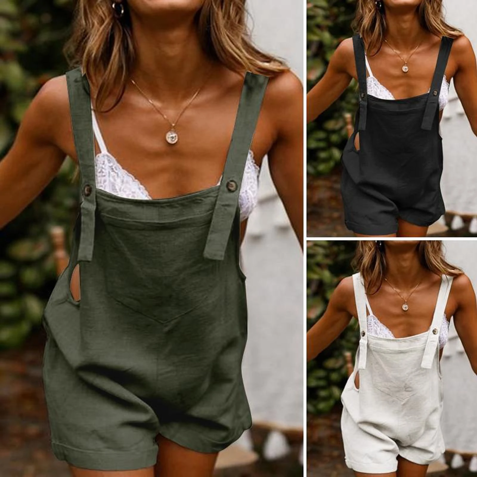 New Fashion Women Loose Style Overalls Solid Color Square Collar Sleeveless White Black Army Green