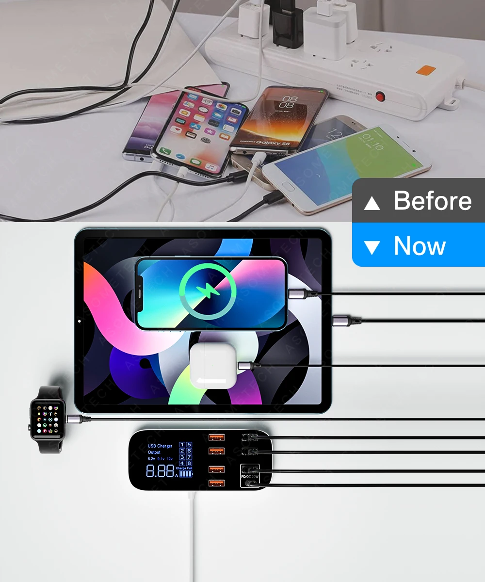 Digitalanzeige, Schnellladefunktion, USB-Ladegerät, Hub, Tablet- und Mobiltelefon-Ladegerät, Adapter, Schnellladegerät für iPhone, Xiaomi, Huawei, Samsung. – Detail 6