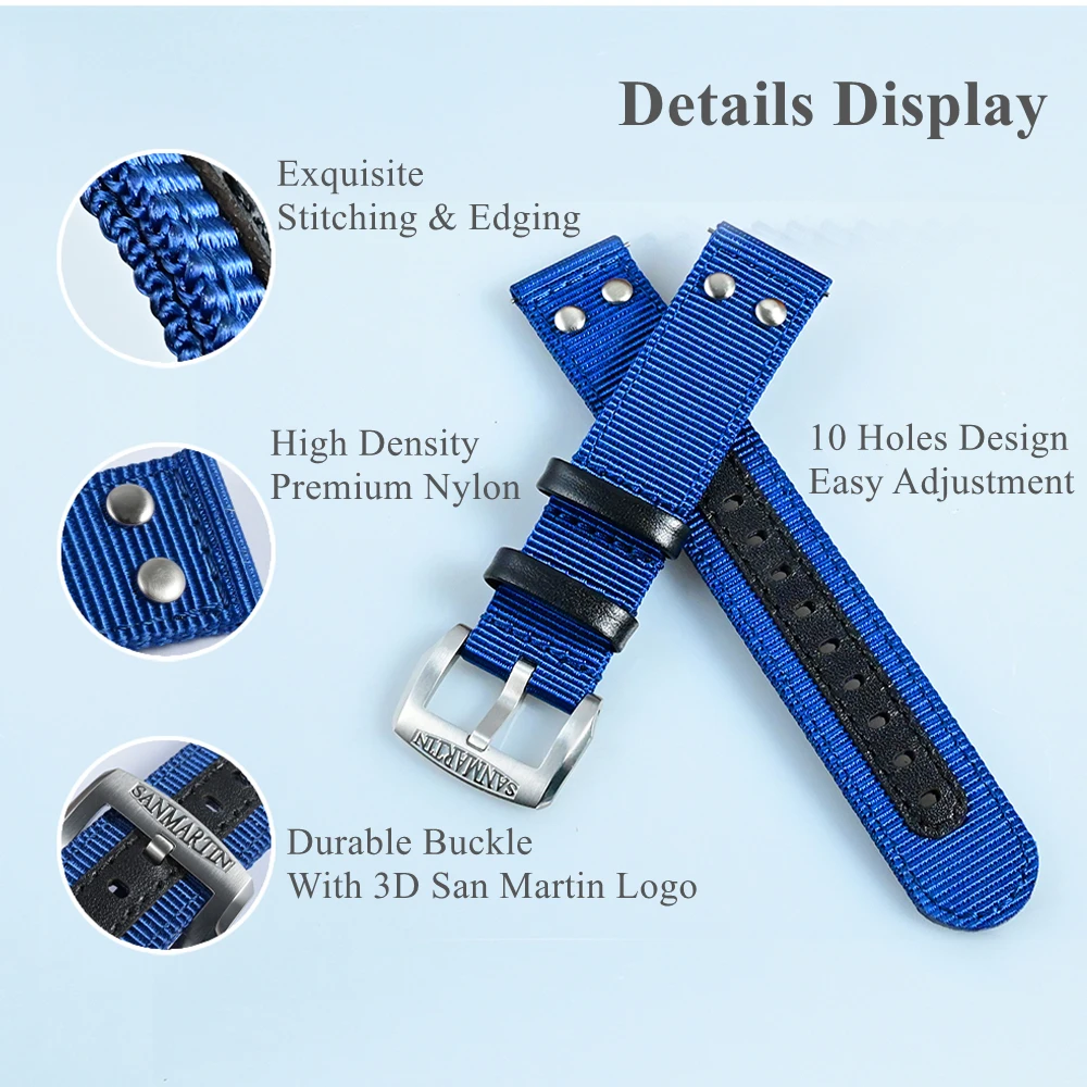 San Martin Watch Nylon Watch Strap 20mm Watchband 22mm Quick Release Spring Bar Wristband Rivet Water Absorbent Universal BD0003