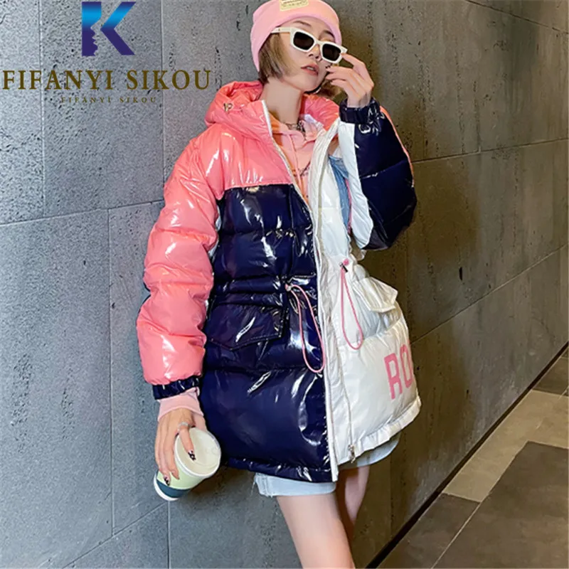 Winter Jacket Women 2021 New Streetwear Fashion Print Patchwork Down Jackets Loose Hooded Parkas Thick Warm Cotton Coat Female