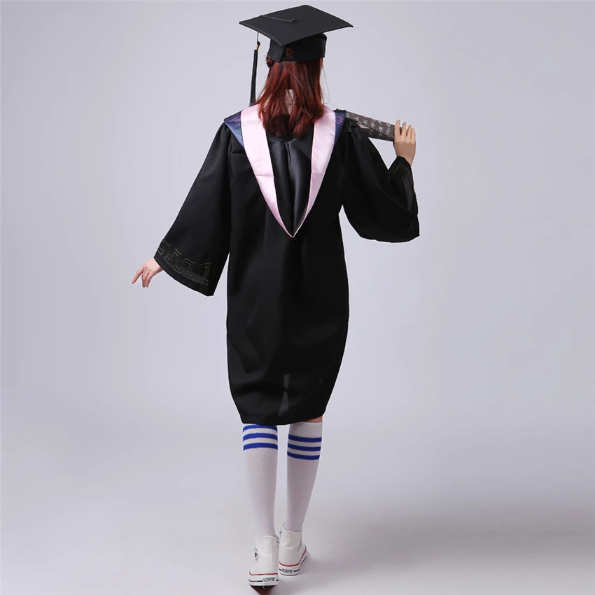 Womnen Men University Graduation Gown Student High School Uniforms Team Wear Academic Dress for Adult Bachelor Robes+Hat Set