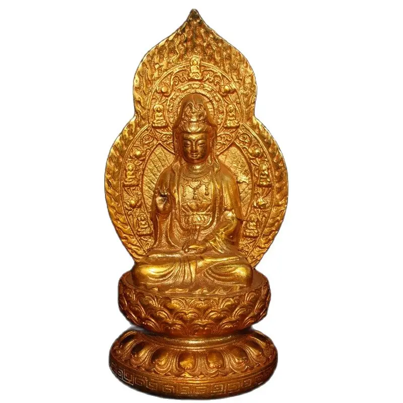 Chinese Old Craft Pure Copper Golden Backlight Guanyin Decoration Statue